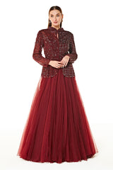 Maroon Net Dalia Peplum Jacket And Lehenga Set