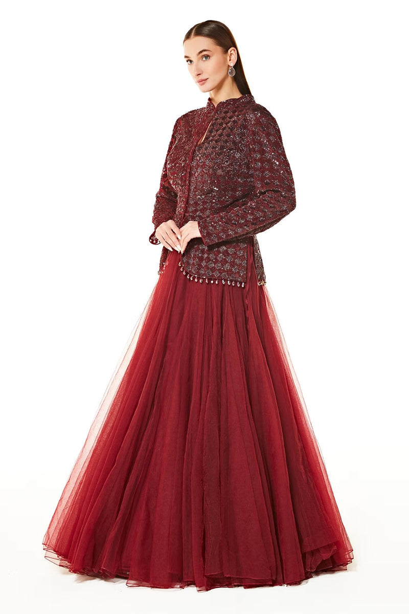 Maroon Net Dalia Peplum Jacket And Lehenga Set