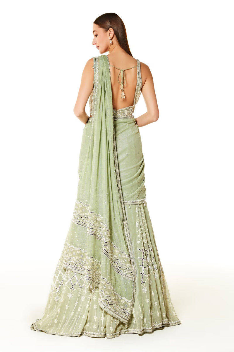 Green Georgette Adha Embroidered Lehenga Saree Set