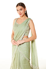 Green Georgette Adha Embroidered Lehenga Saree Set