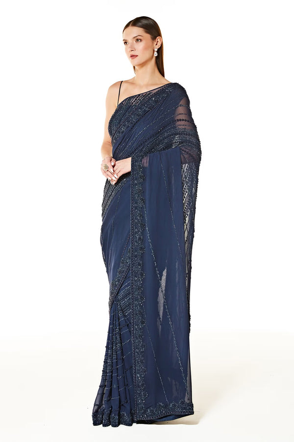 Blue Georgette Zaynab Embroidered Saree With Strappy Blouse