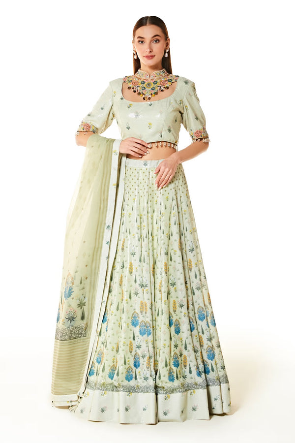 Green Organza Nadia Floral Print Sequin Lehenga Set