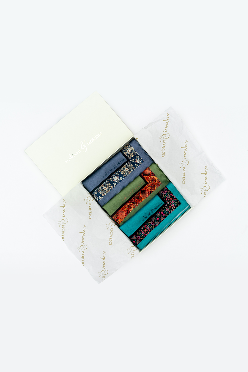 Slate Blue, Green, & Canary Blue Printed Pocket Square Gift Box