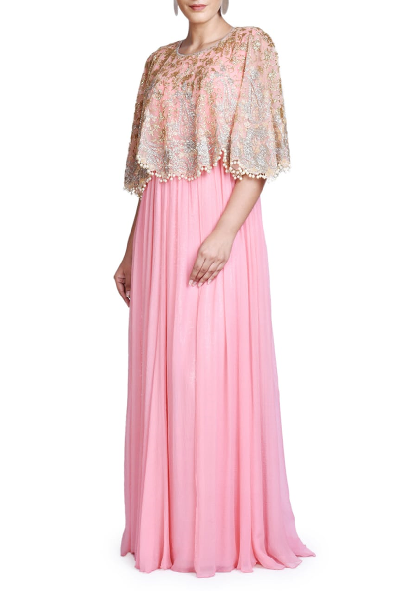 PINK CHIFFON WITH SHEETING GOWN WITH FULLY EMBROIDERED CAPE