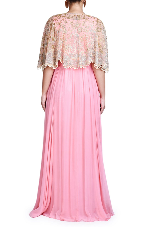 PINK CHIFFON WITH SHEETING GOWN WITH FULLY EMBROIDERED CAPE