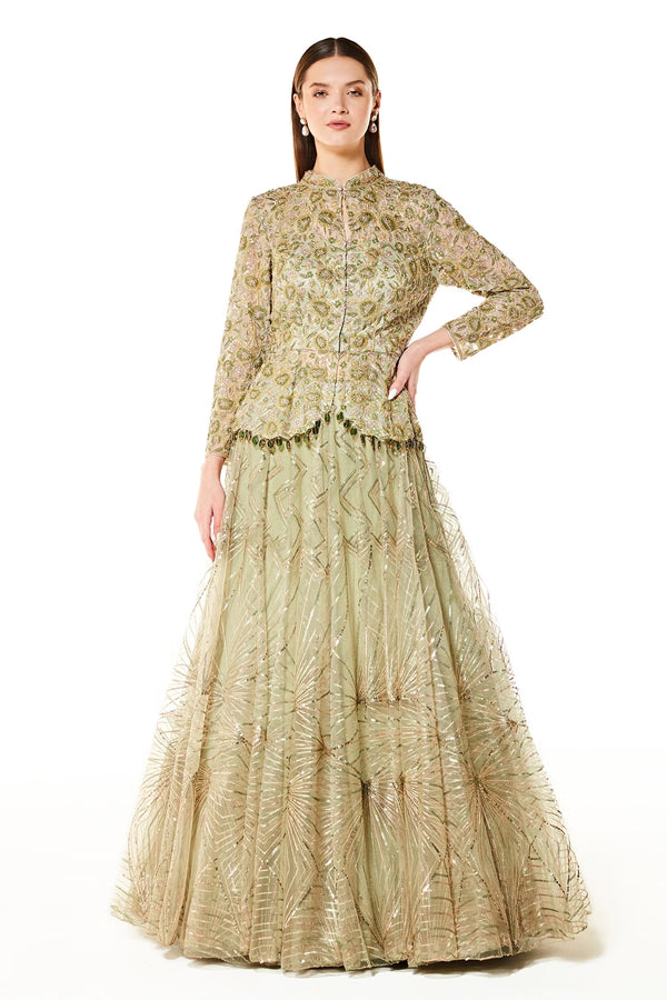 Sage Net Dalia Peplum Jacket And Lehenga Set