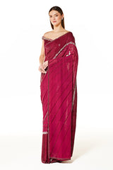 Wine Georgette Zaynab Saree With Off Shoulder Blouse