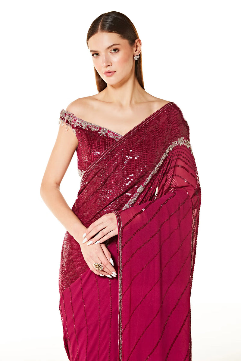 Wine Georgette Zaynab Saree With Off Shoulder Blouse