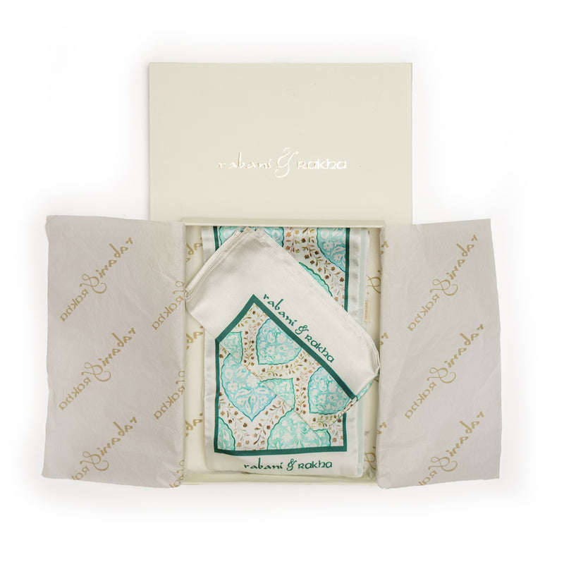 Aqua Satin Printed Pocket Square & Neck Stole Gift Box