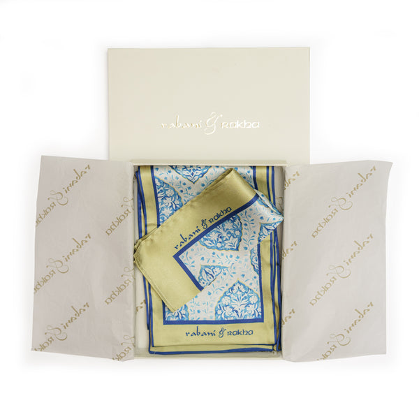Blue Satin Printed Pocket Square & Neck Stole Gift Box
