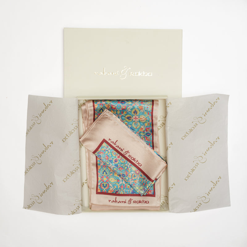 Turquoise Satin Printed Pocket Square & Neck Stole Gift Box