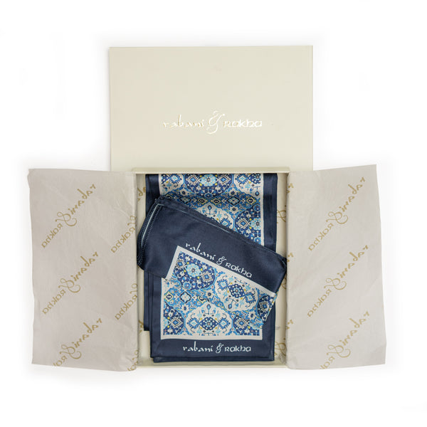 Dark Blue Satin Printed Pocket Square & Neck Stole Gift Box
