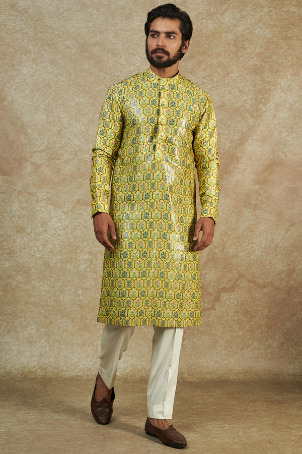 Yellow Dupion Silk Printed Sheeting Kurta Set