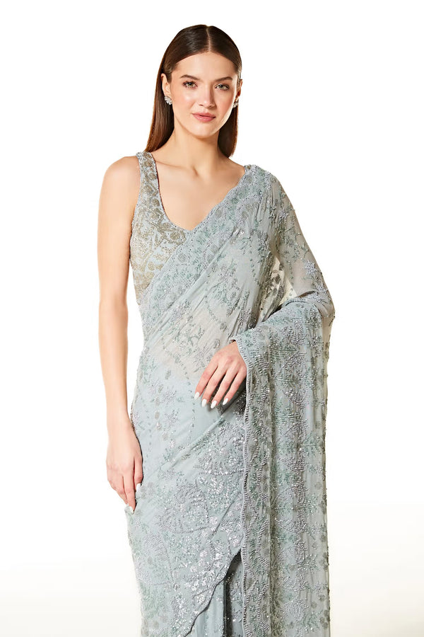Silver Georgette Zaynab Saree With Blouse