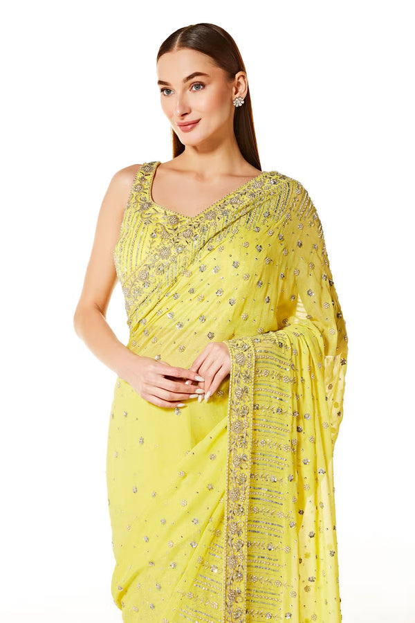 Yellow Zaynab Saree With Embroidered Blouse