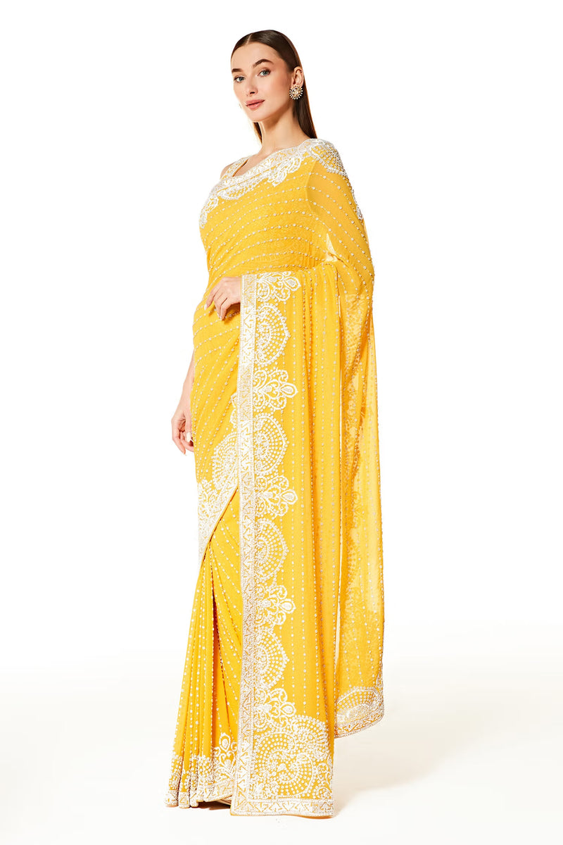 Yellow Zaynab Pearl Hand Embroidered Saree