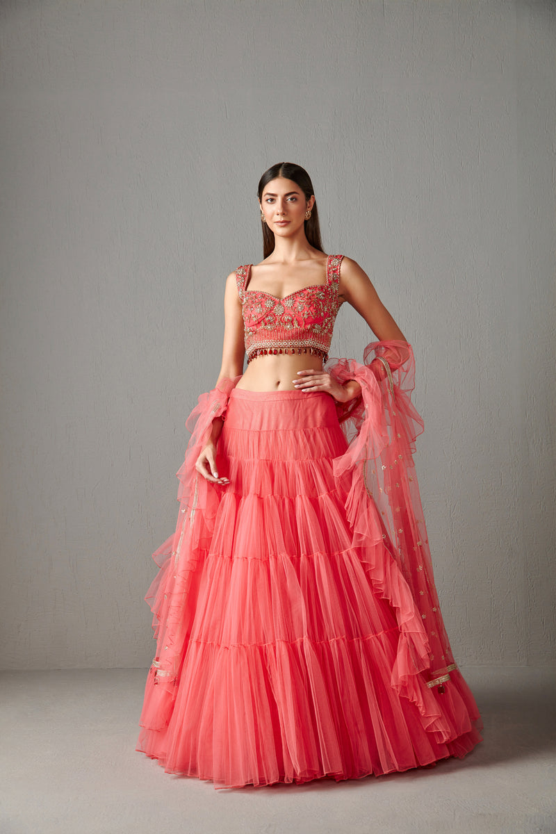 Fresh Pink Tiered Lehenga Set