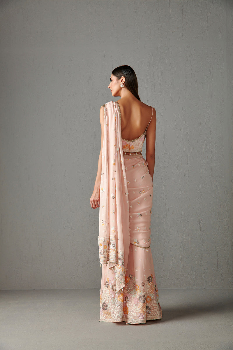 Blush Pink Stitched Saree Set