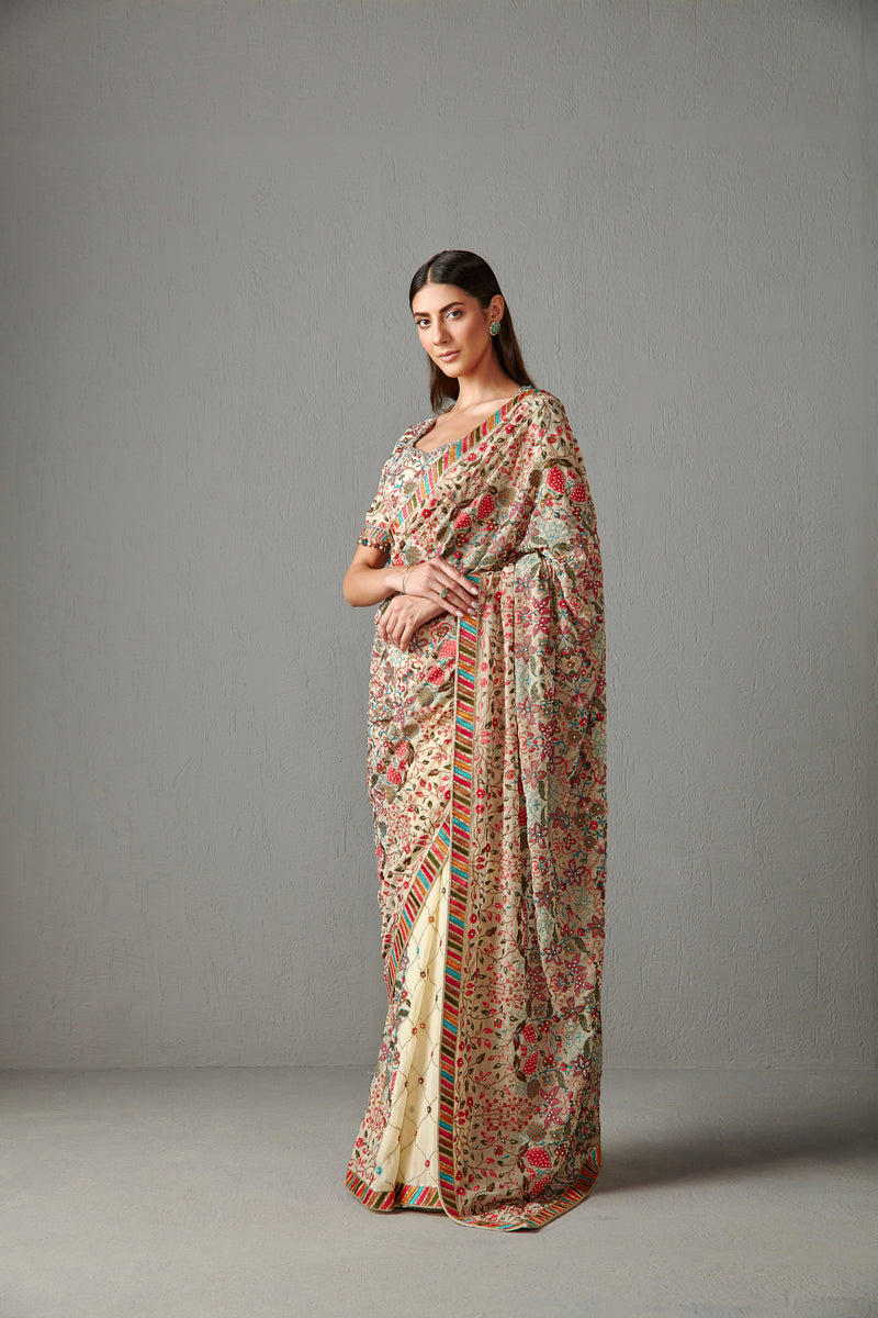 Beige Embellished Saree Set