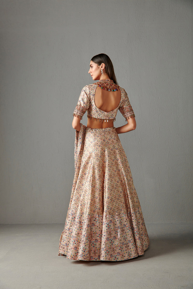 Beige Printed Lehenga Set