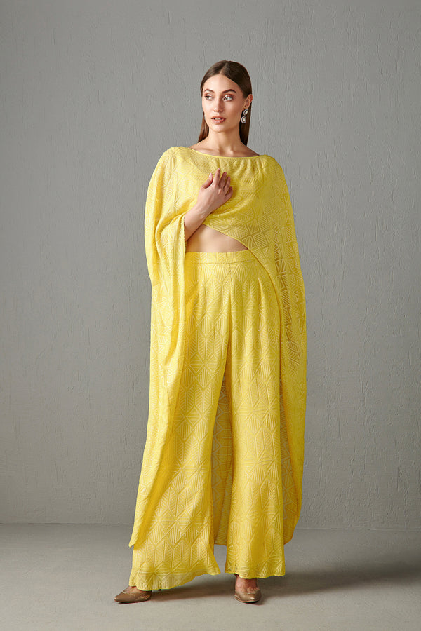 Yellow Embroidered Cape Set