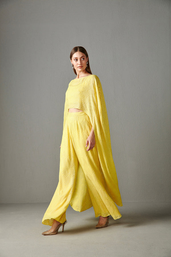 Yellow Embroidered Cape Set