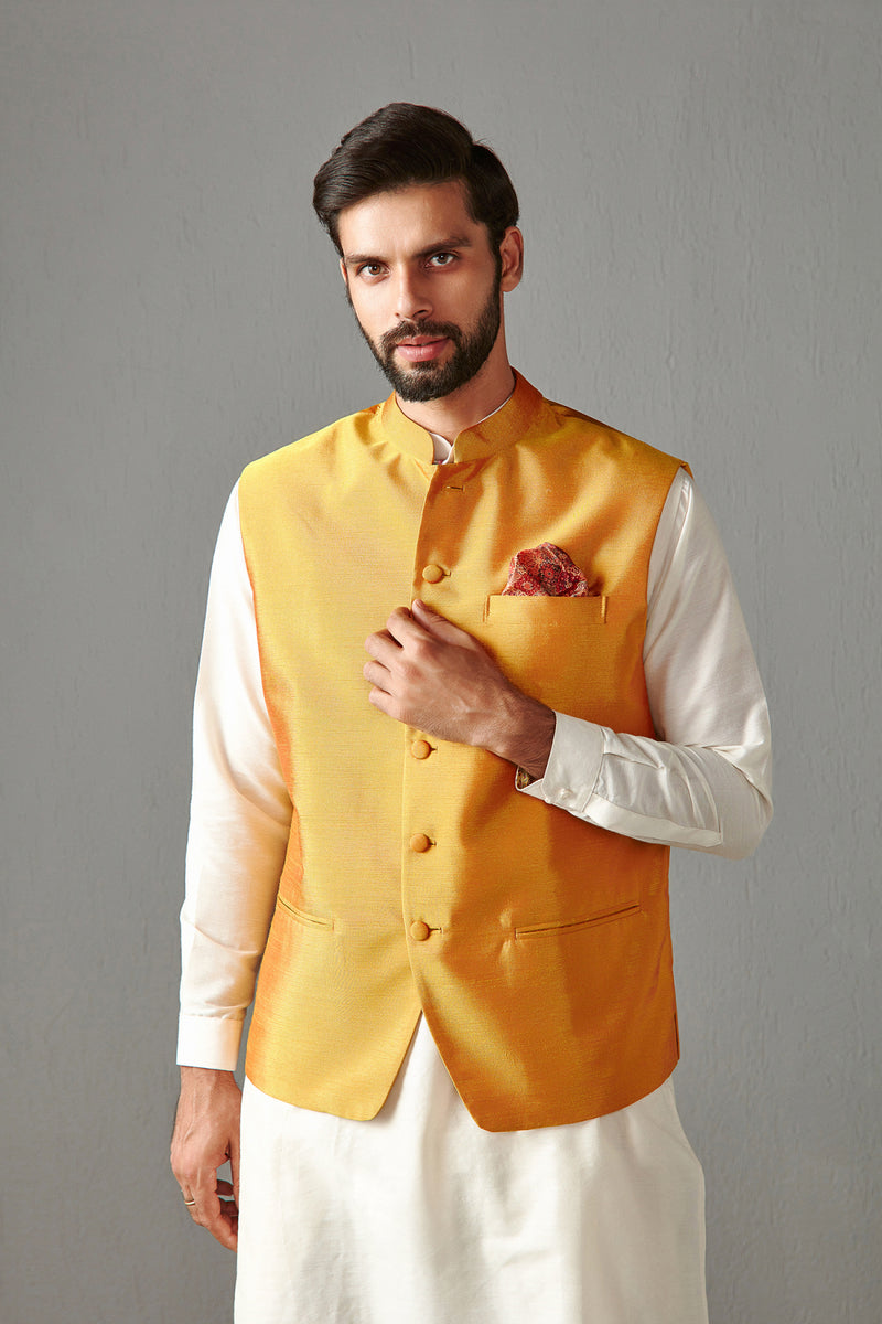 Yellow Silk Bundi Jacket With Kurta Set