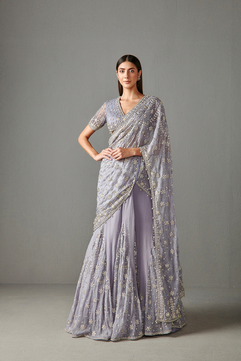 Lilac Embellished Draped Lehenga Saree Set