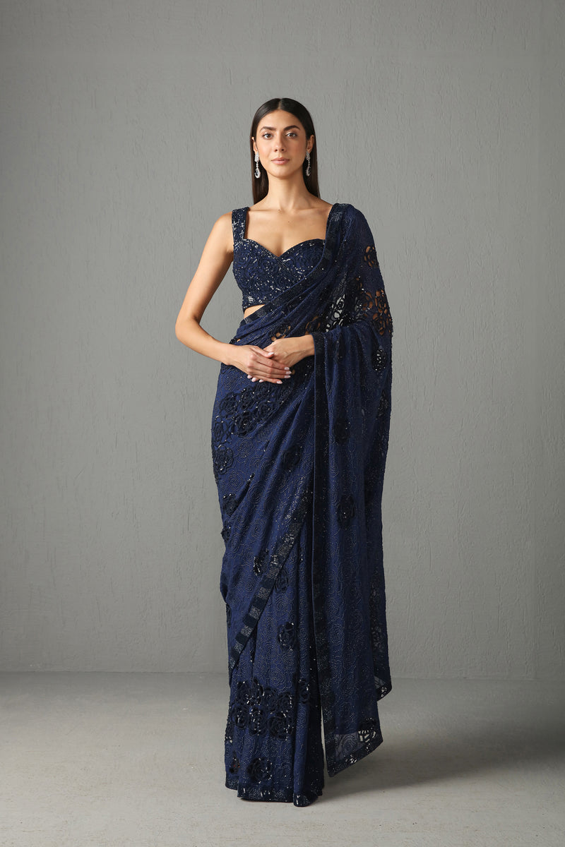 Blue Embellished Saree Set