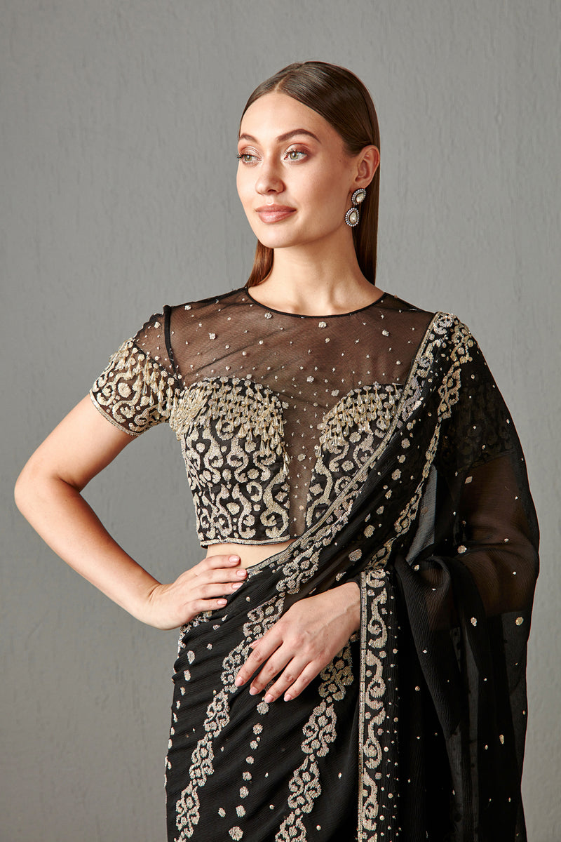 Black Embellished Saree Set
