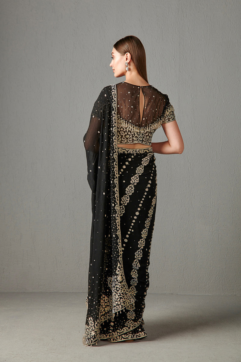 Black Embellished Saree Set