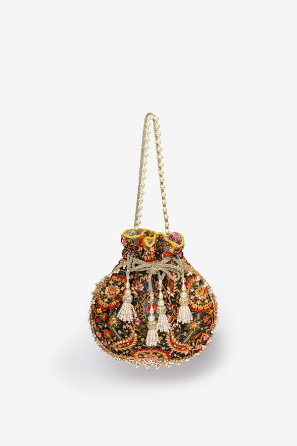 Black Resham Embroidered Potli Bag
