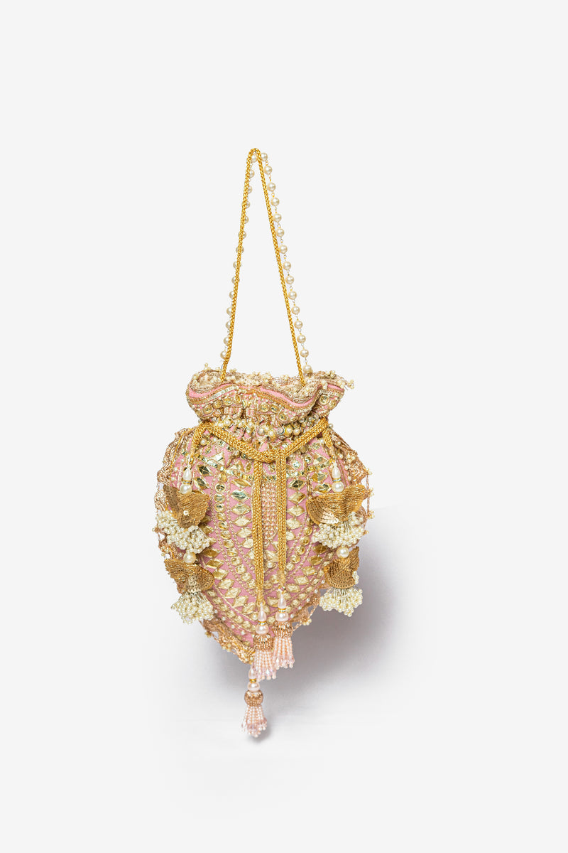 Pink & Golden Gota Embroidered Potli Bag